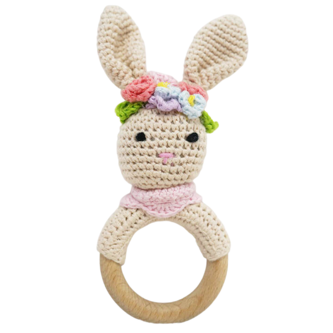 Pink Flower Bunny Teething Ring with Bib